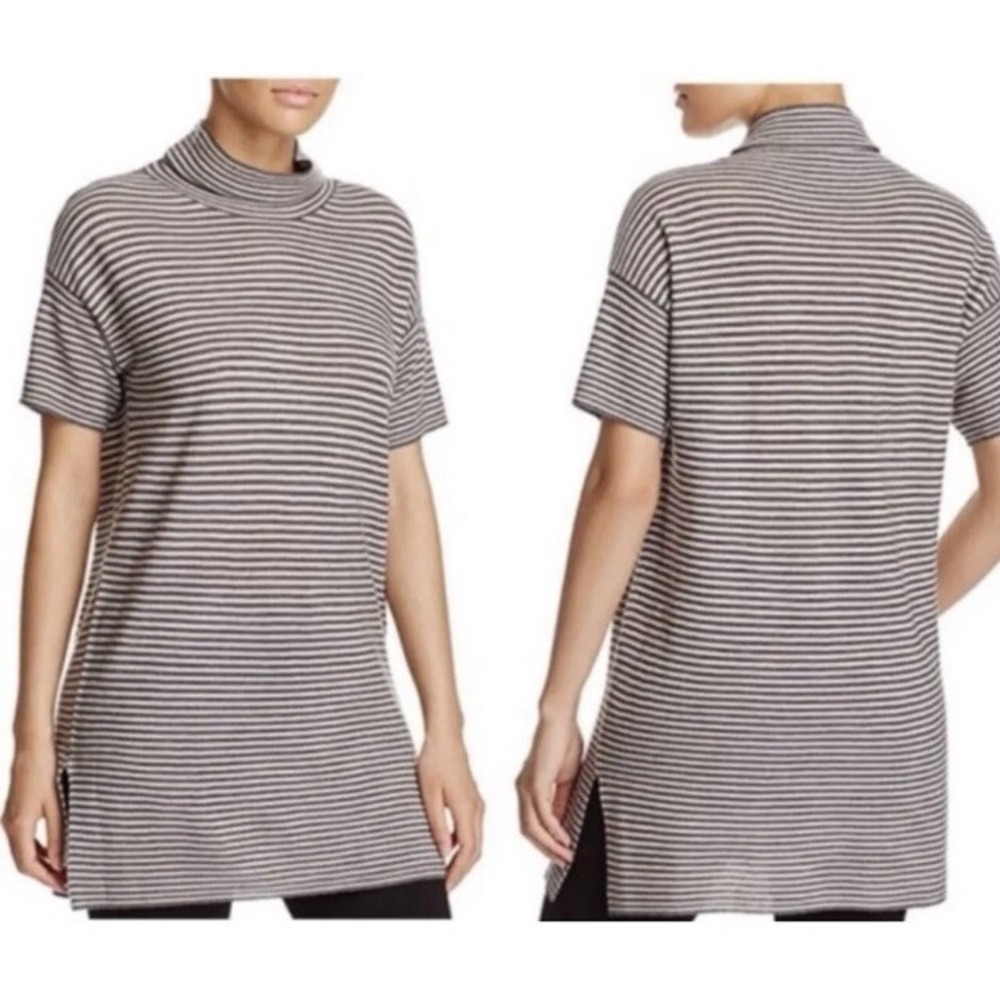 Eileen Fisher XS 100% Italian Merino Wool Gray Striped Turtleneck Tunic Top